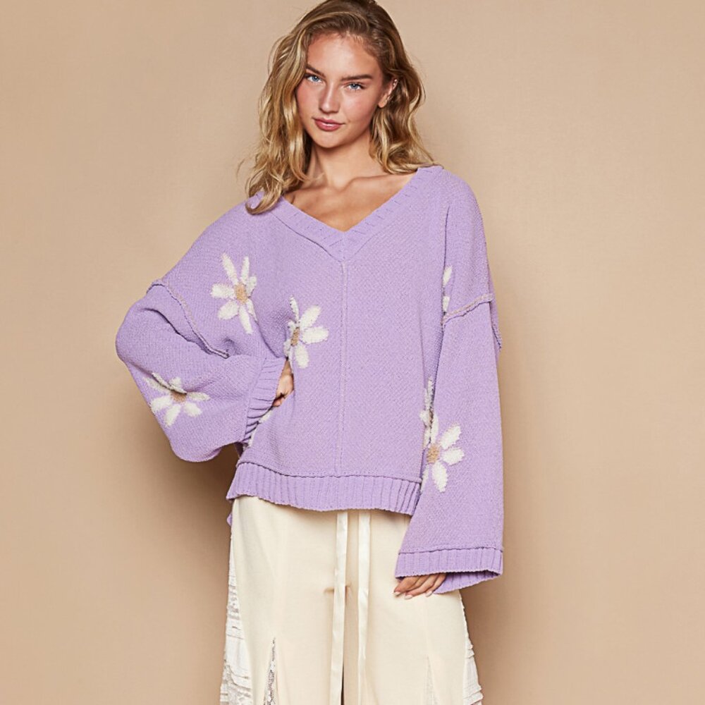 POL Lavender Floral V-Neck Sweater